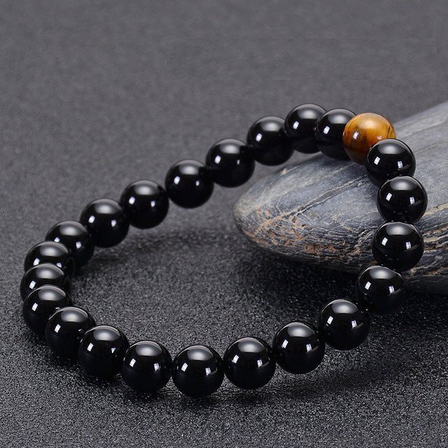 Natürlicher schwarzer Onyx mit Tigerauge Steinperlen Armband
