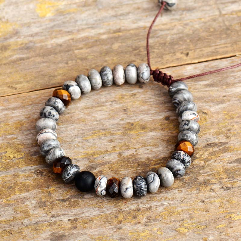 Handgefertigtes Armband aus grauem Jaspis, schwarzem Onyx und Tigerauge