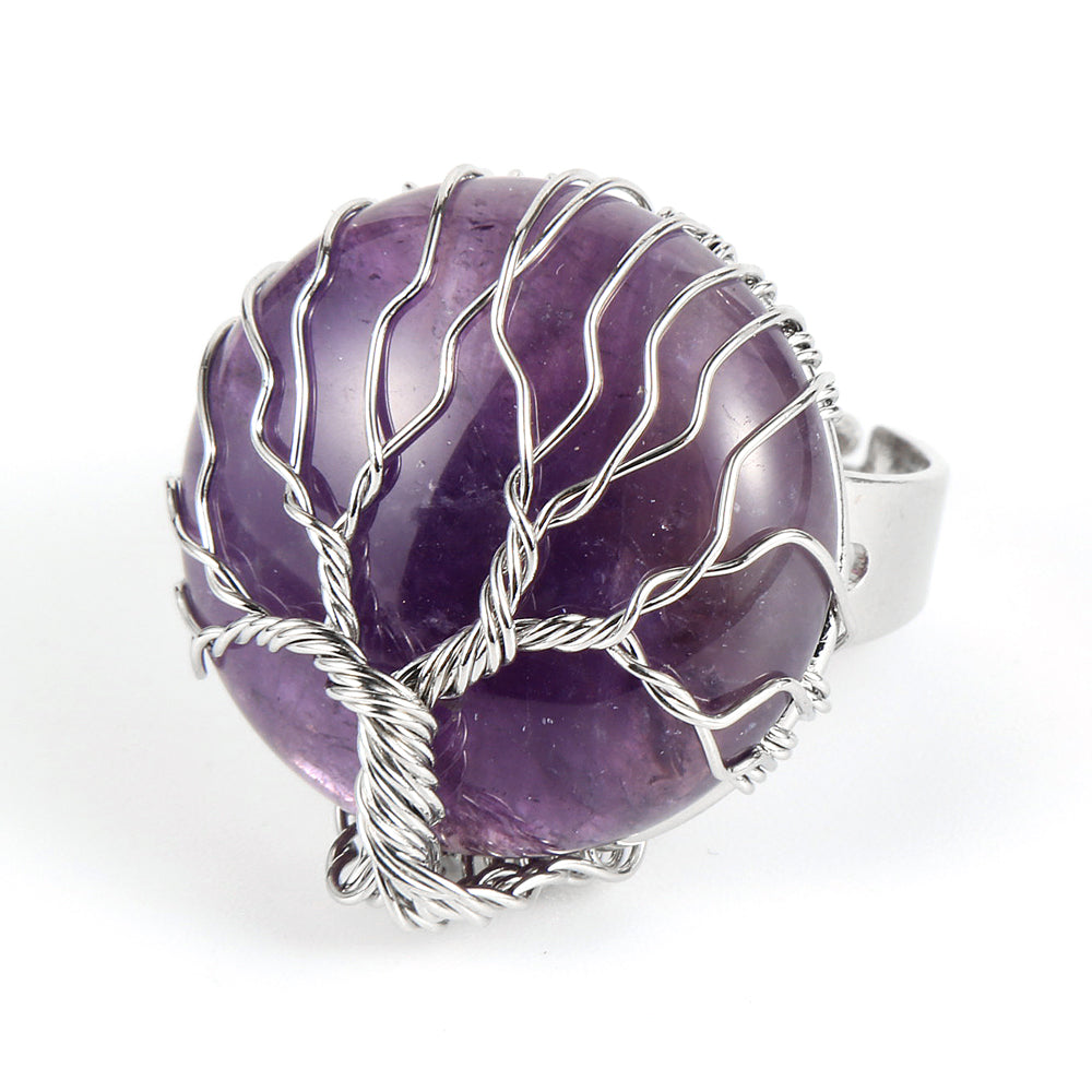Resizable Amethyst Naturstein Ring mit einem Silber Baum des Lebens Wrap