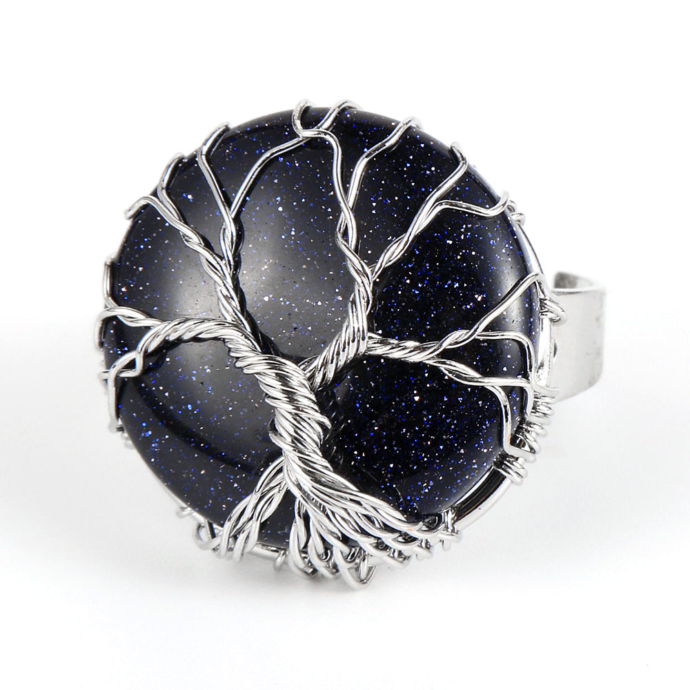Resizable Blue Sandstone Naturstein Ring mit einem Silber Baum des Lebens Wrap