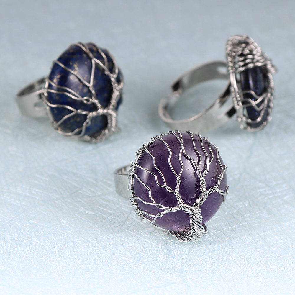 Resizable Amethyst Naturstein Ring mit einem Silber Baum des Lebens Wrap