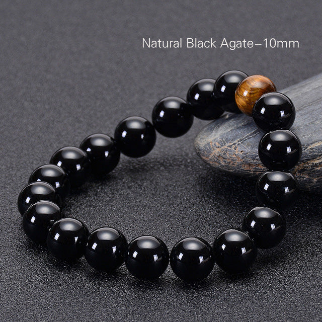 Natürlicher schwarzer Onyx mit Tigerauge Steinperlen Armband