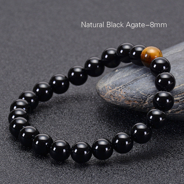 Natürlicher schwarzer Onyx mit Tigerauge Steinperlen Armband
