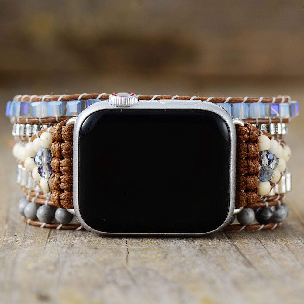 Handgefertigtes Jaspis-, Howlit- und Hämatit-Silberperlenarmband für die Apple Watch