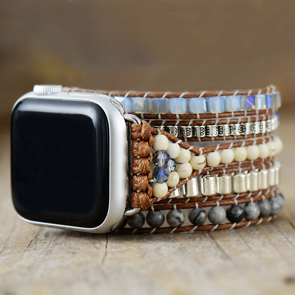 Handgefertigtes Jaspis-, Howlit- und Hämatit-Silberperlenarmband für die Apple Watch