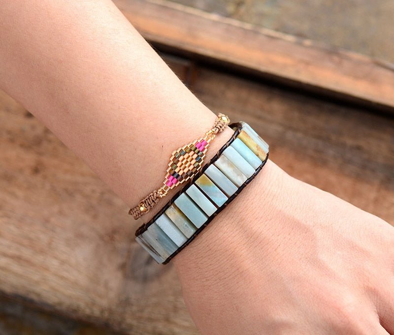 Amazonit und Leder Stein Manschettenarmband