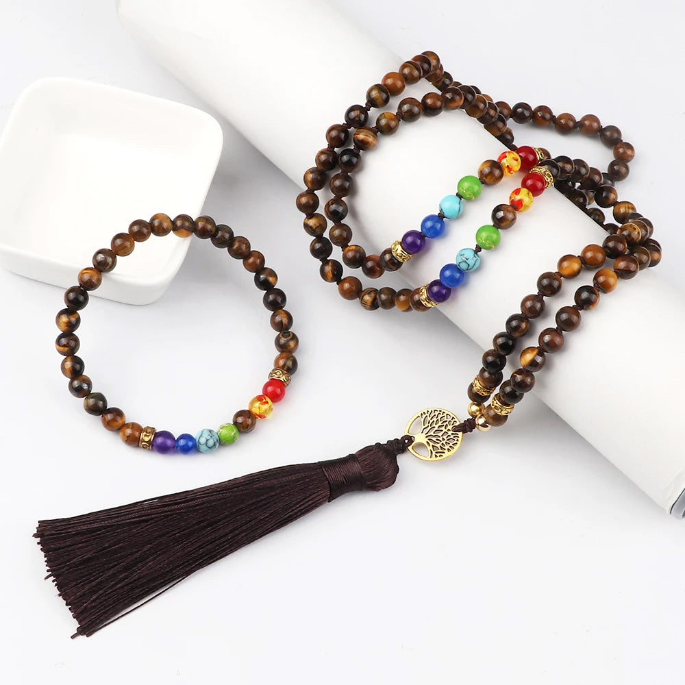 7 Chakra und Tigerauge natürliche Perlen Mala und Armband Set