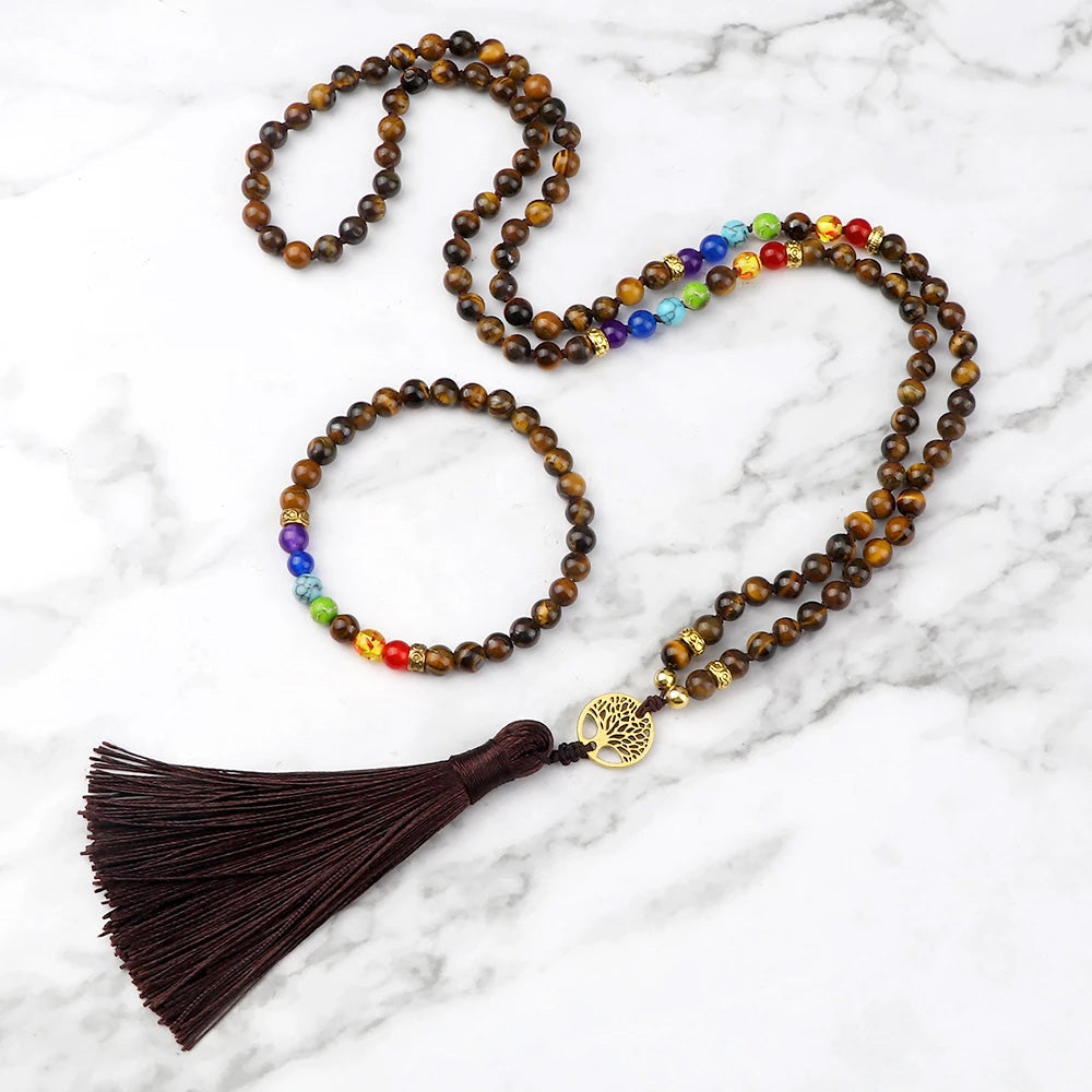 7 Chakra und Tigerauge natürliche Perlen Mala und Armband Set