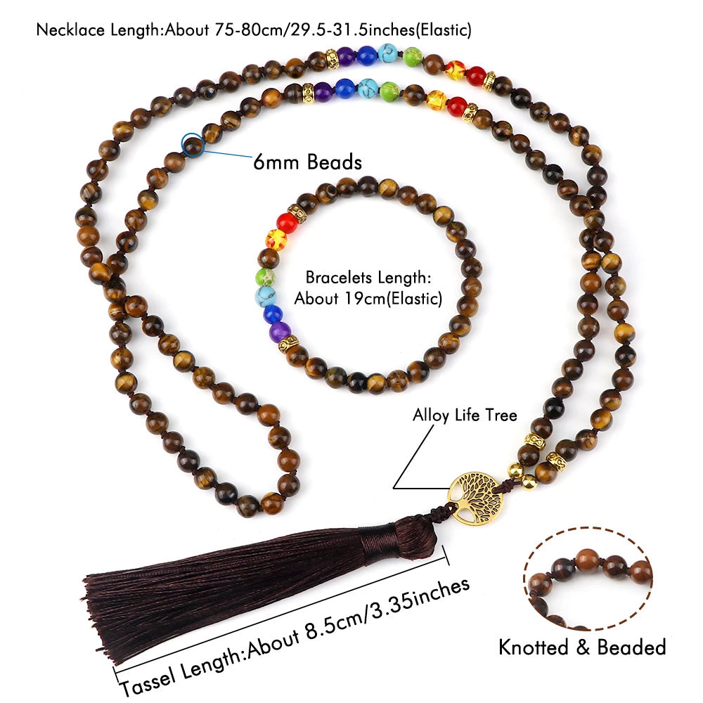 7 Chakra und Tigerauge natürliche Perlen Mala und Armband Set