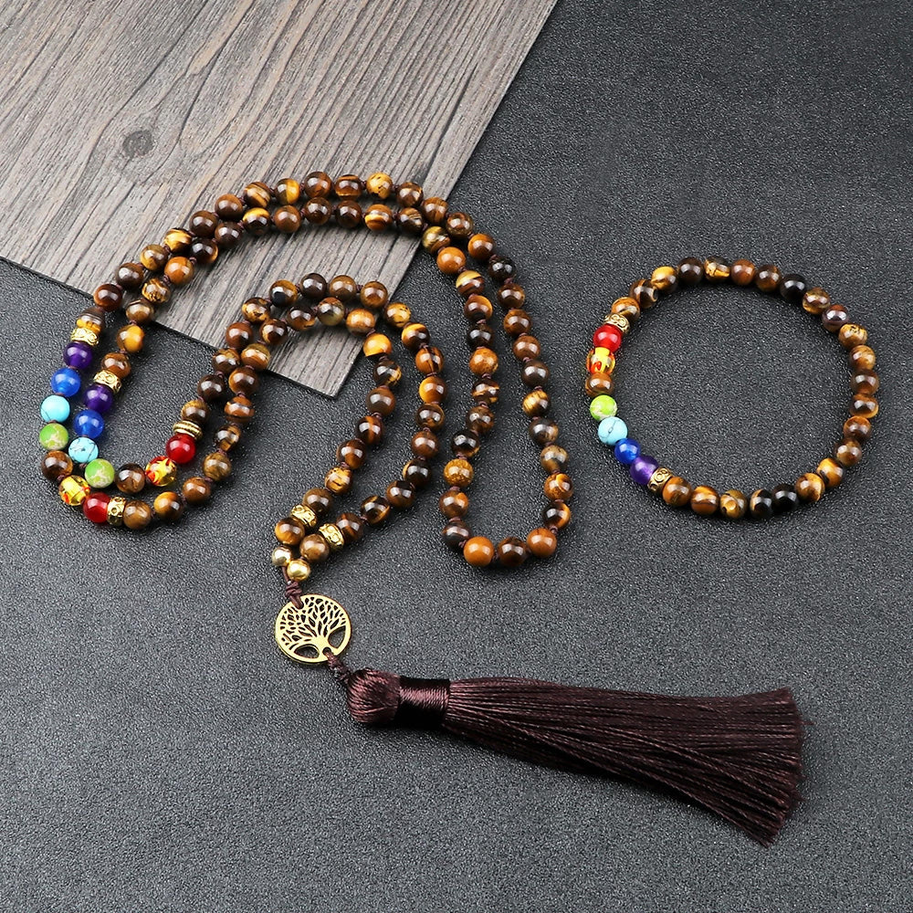 7 Chakra und Tigerauge natürliche Perlen Mala und Armband Set