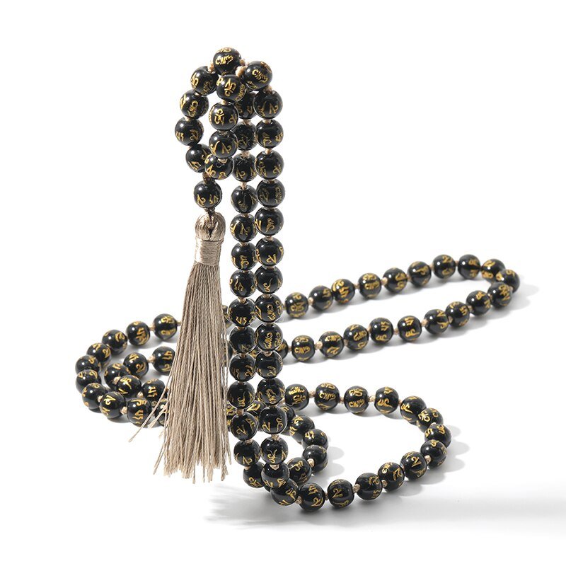 Sechs Worte Mantra Schwarzer Obsidian Mala Perlen 108