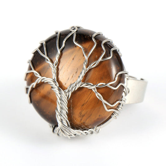 Resizable Tigerauge Naturstein Ring mit einem Silber Baum des Lebens Wrap