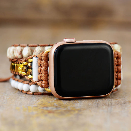 Handgefertigte Apple Watch Armbänder aus Howlit, Hämatit und Imperial Jaspis mit veganem Seil