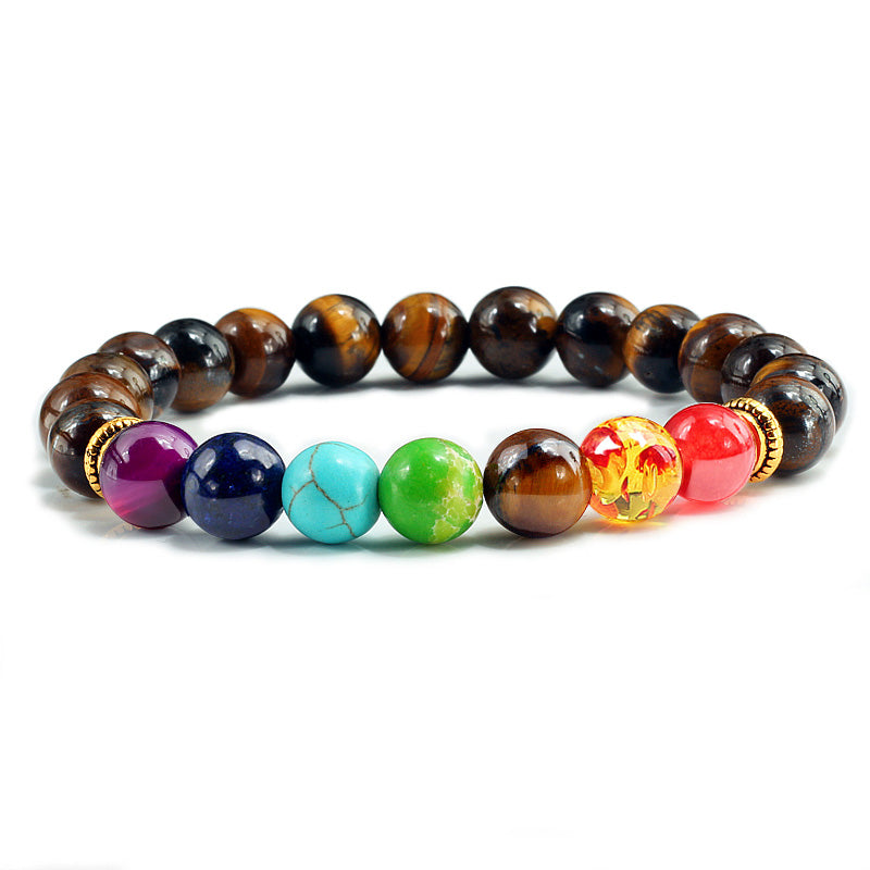 Elastisches 7 Chakra-Kristall-Armband mit natürlichem Tigerauge-Stein