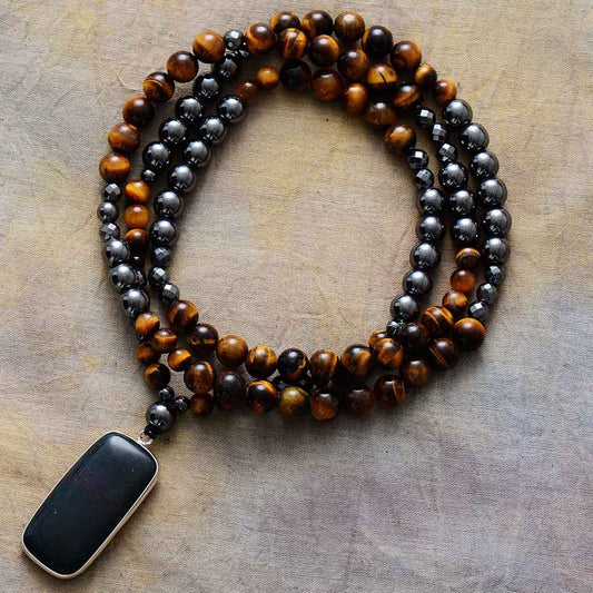 Handgemachte Tigerauge und Hämatit Anhänger Mala Halskette - 85.09 cm