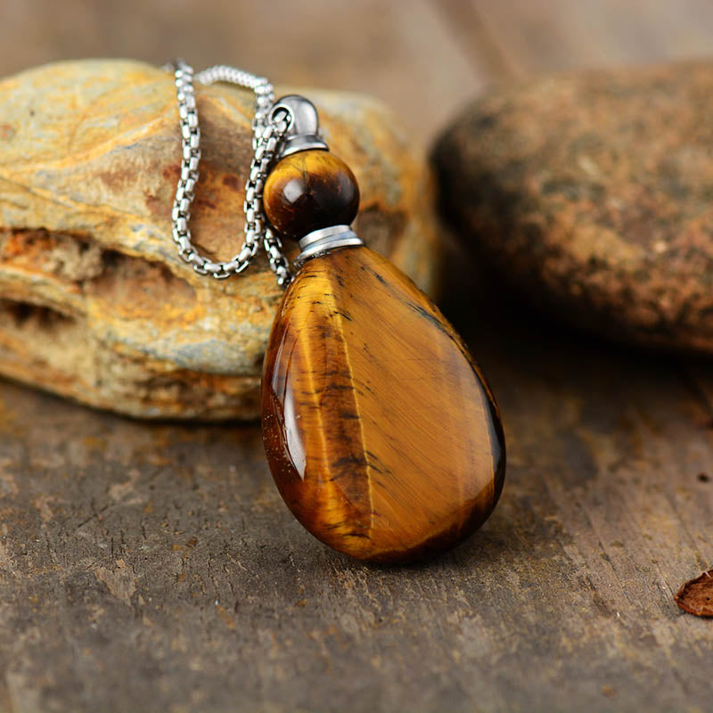 Handgefertigte natürliche Tigerauge & Edelstahl Parfümflasche Halskette