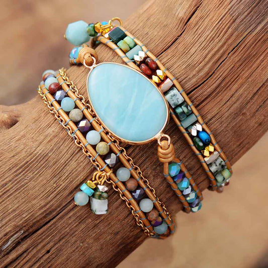 Amazonit Mehrschichtiges Leder Wickelarmband