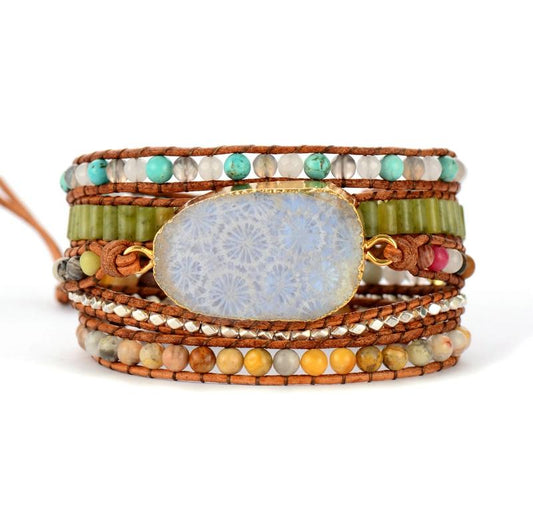 Blume Stein Leder Wickelarmband