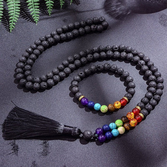 Sieben Chakra Mala mit Lavastein + Gratis Chakra-Armband