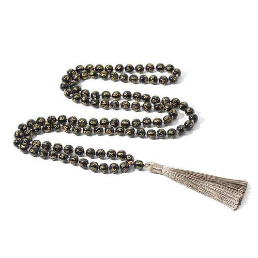 Sechs Worte Mantra Schwarzer Obsidian Mala Perlen 108